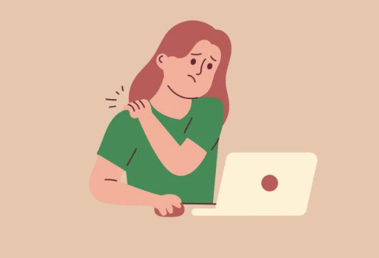パソコン作業中に肩を押さえる女性のイラスト